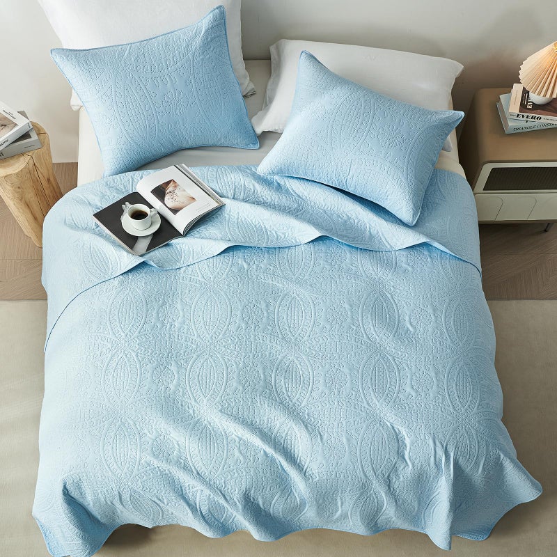 akkialla Twin Quilt Bedding Set Sky Blue Ultrasonic Quilt Set Lightweight Soft Bedspread Coverlet Modern Style Coin Pattern Bed Cover for All Seasons 2 Piece(1 Quilt 1 Pillow Sham) - Image 3